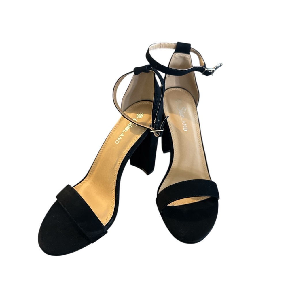 SHOE LAND Black faux suede Ankle Strap Block Heel Sandals Size 10 READ